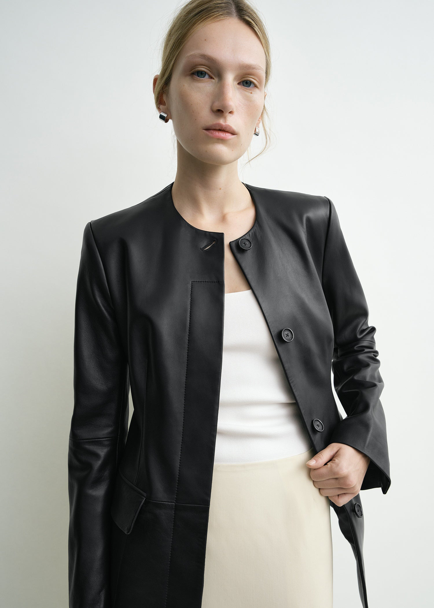 Collarless leather jacket black - 6