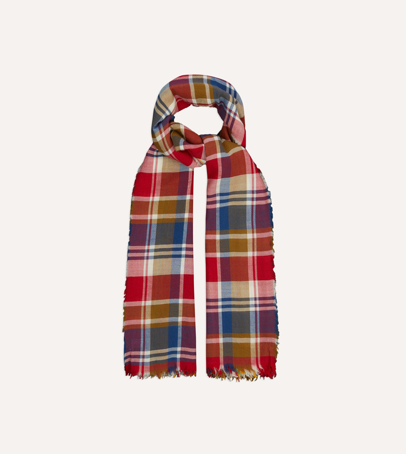 Red, Blue and Yellow Tartan Check Worsted Wool Scarf 4
