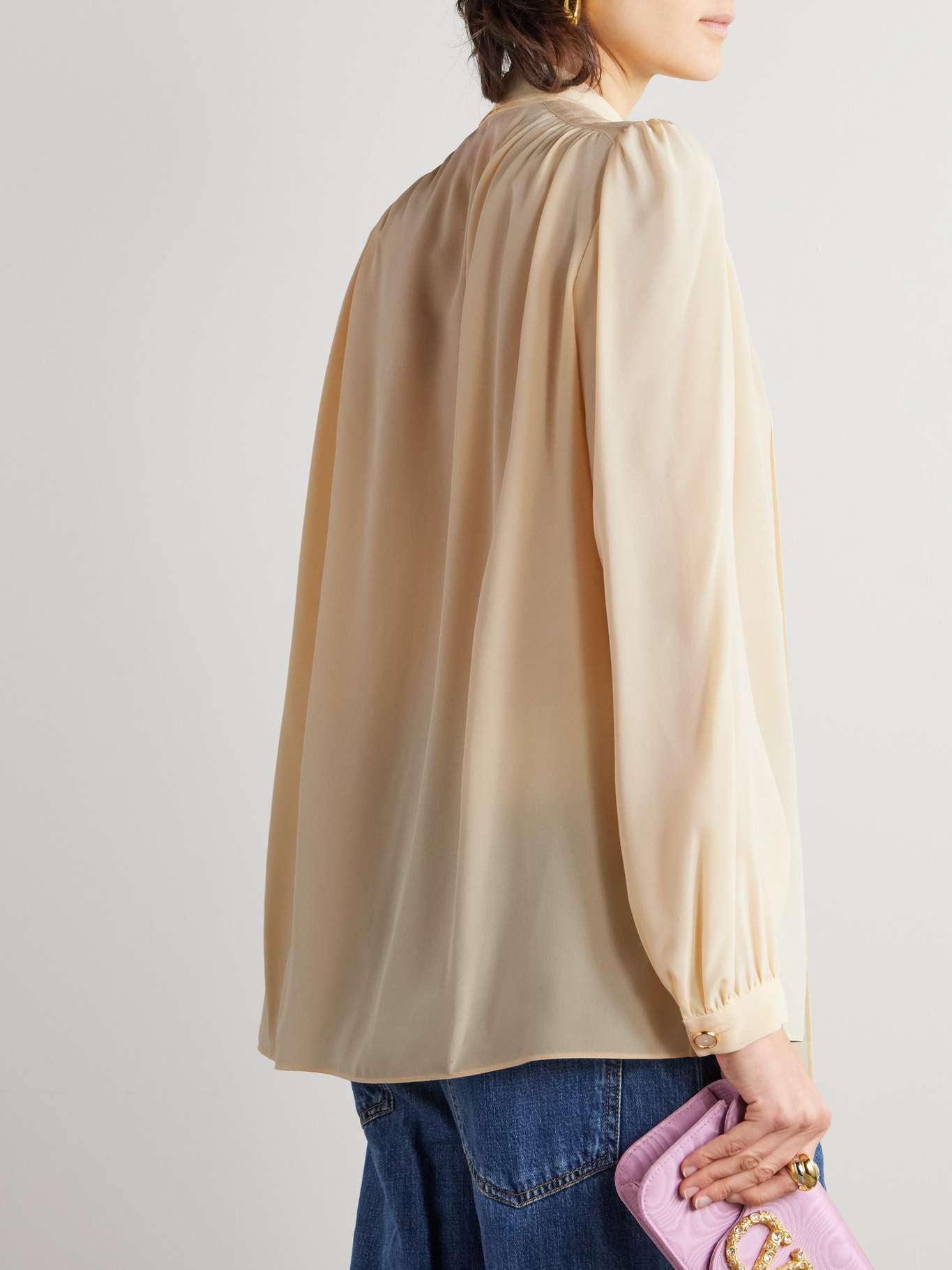 Fringed pussy-bow silk-chiffon shirt Peach - 4