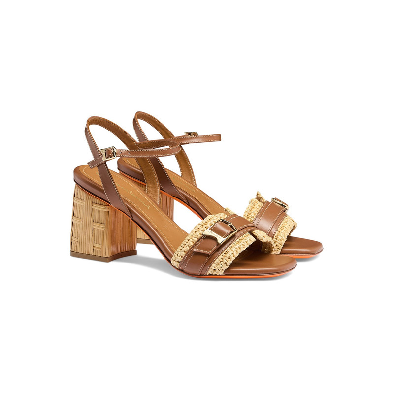 여자의 밝은 갈색 가죽과 raffia mid-heel sandal 3