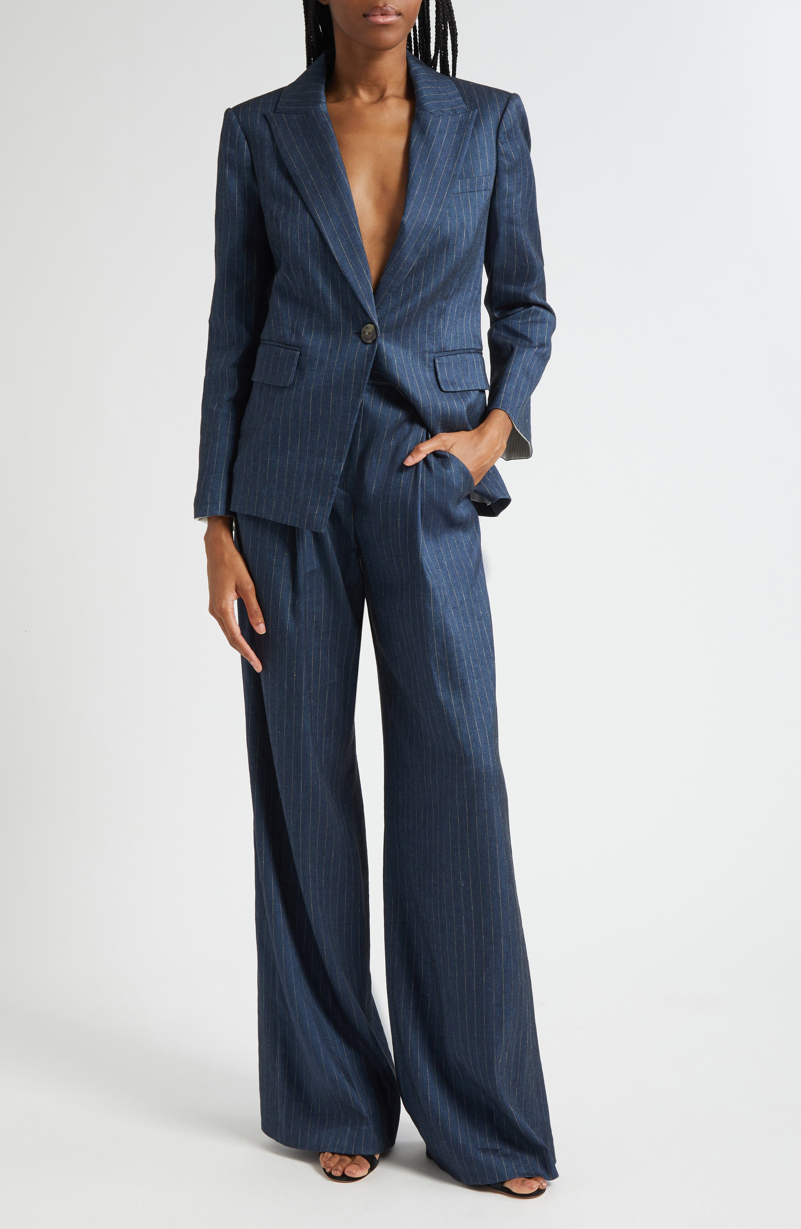 Veronica Beard Rimini Pinstripe Linen Blend Wide Leg Pants in Blue Dove at Nordstrom - 2