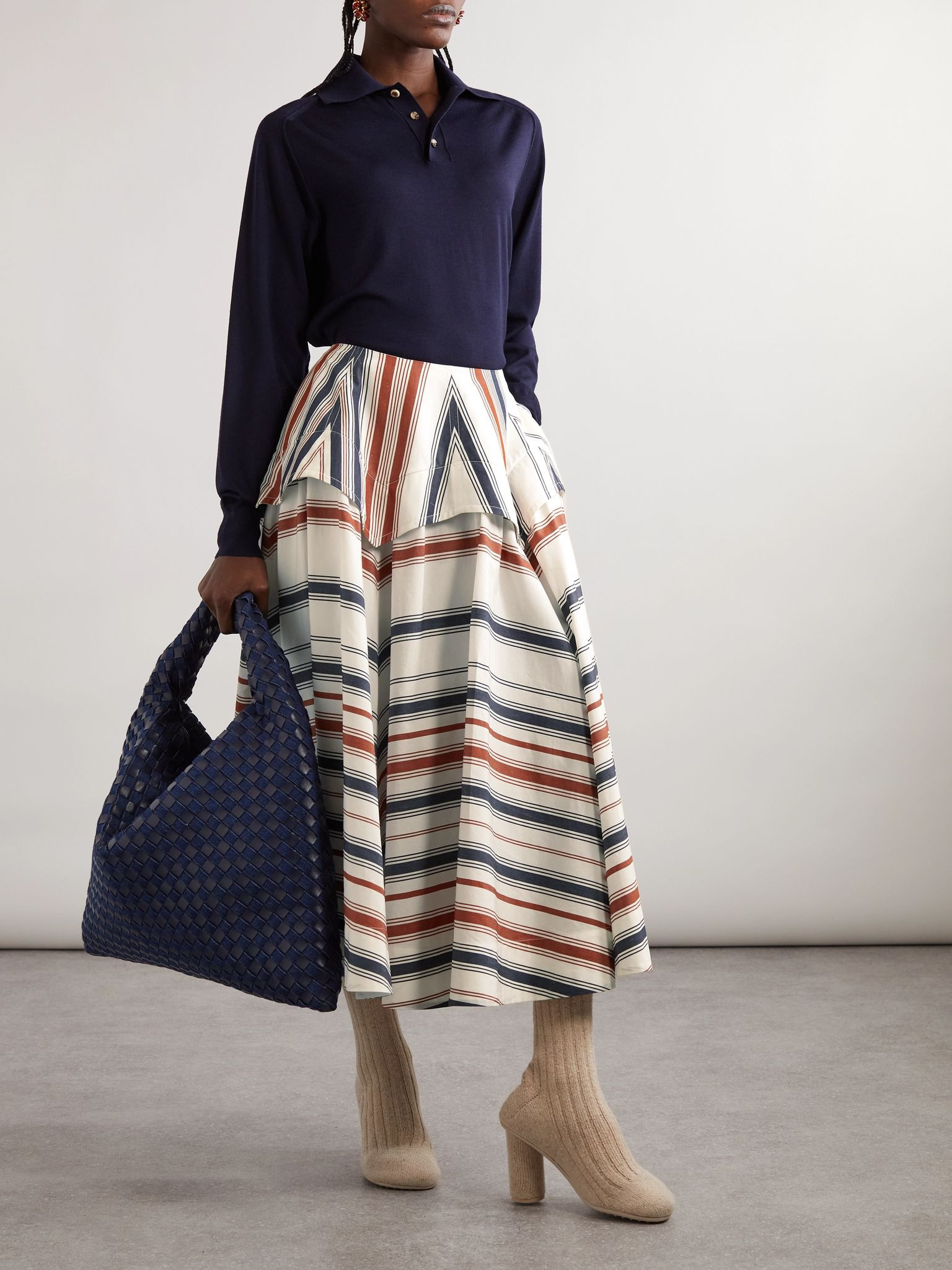 Striped cotton and linen-blend midi skirt Navy - 2