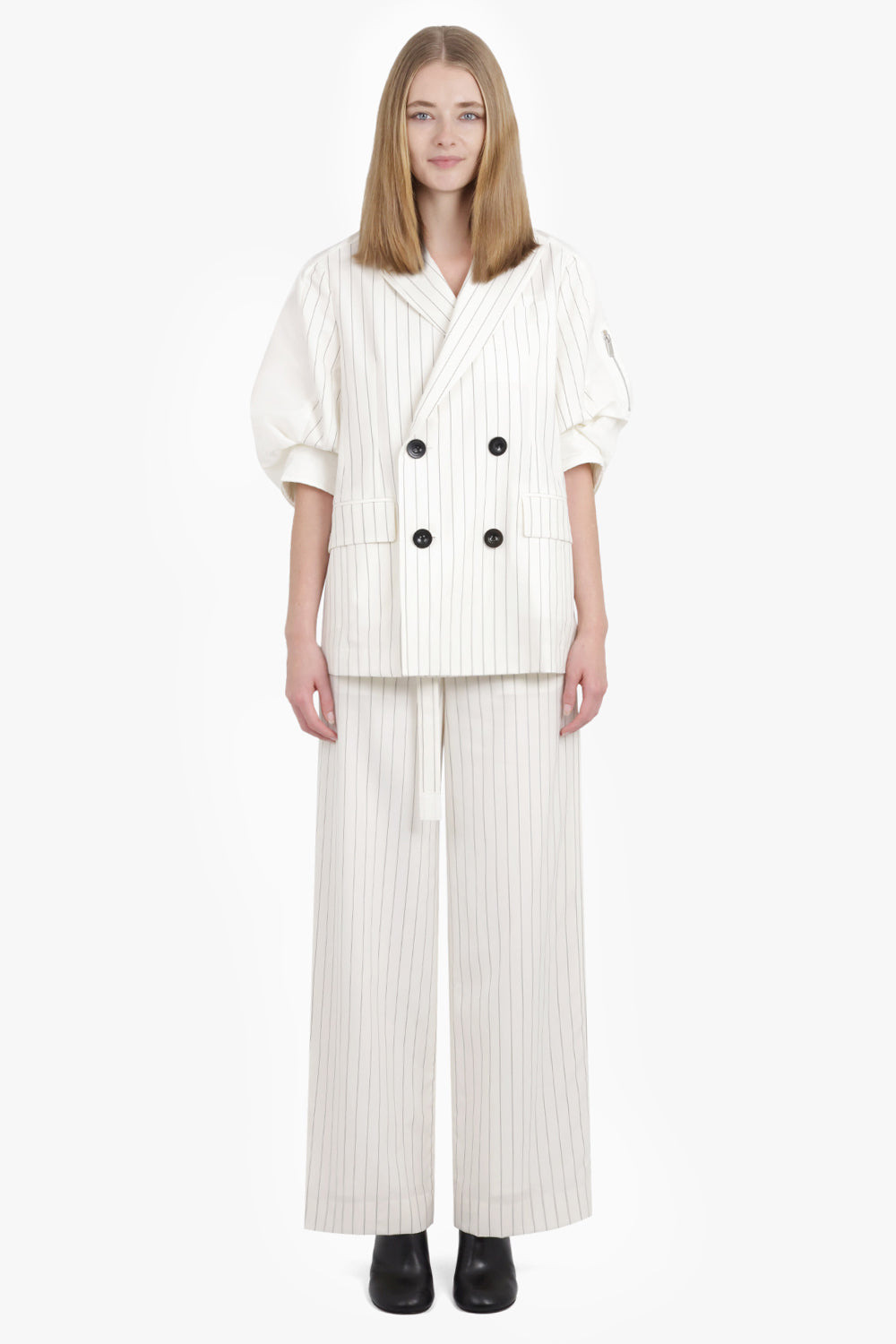 CONTRAST BALLOON S/S DOUBLE BREASTED STRIPE JACKET | OFF WHITE/BLACK - 4