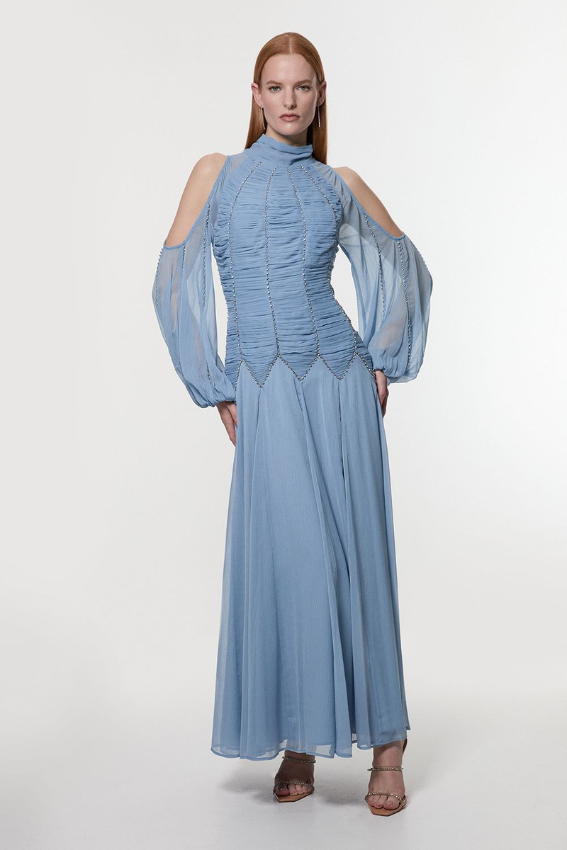High Neck Embellished Ruched Georgette Woven Maxi Dress 3
