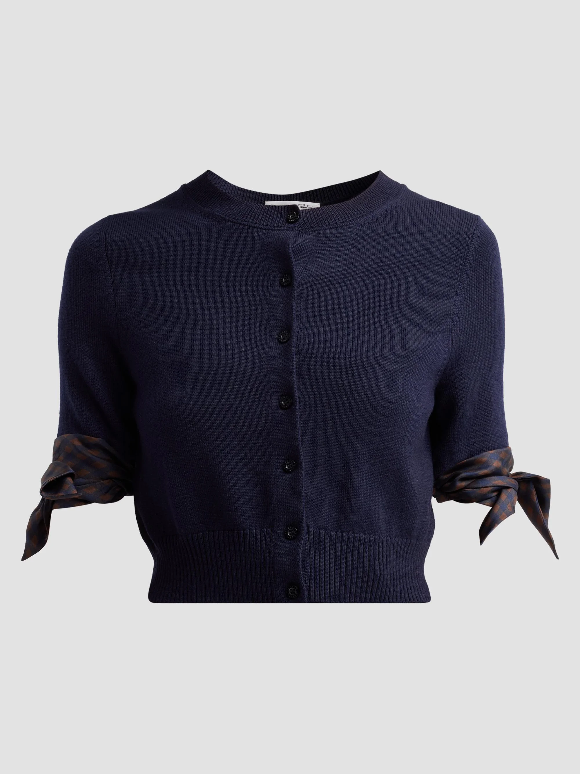 Women's Argyle Tie-Detailed Wool Crop Cardigan - Navy - 1