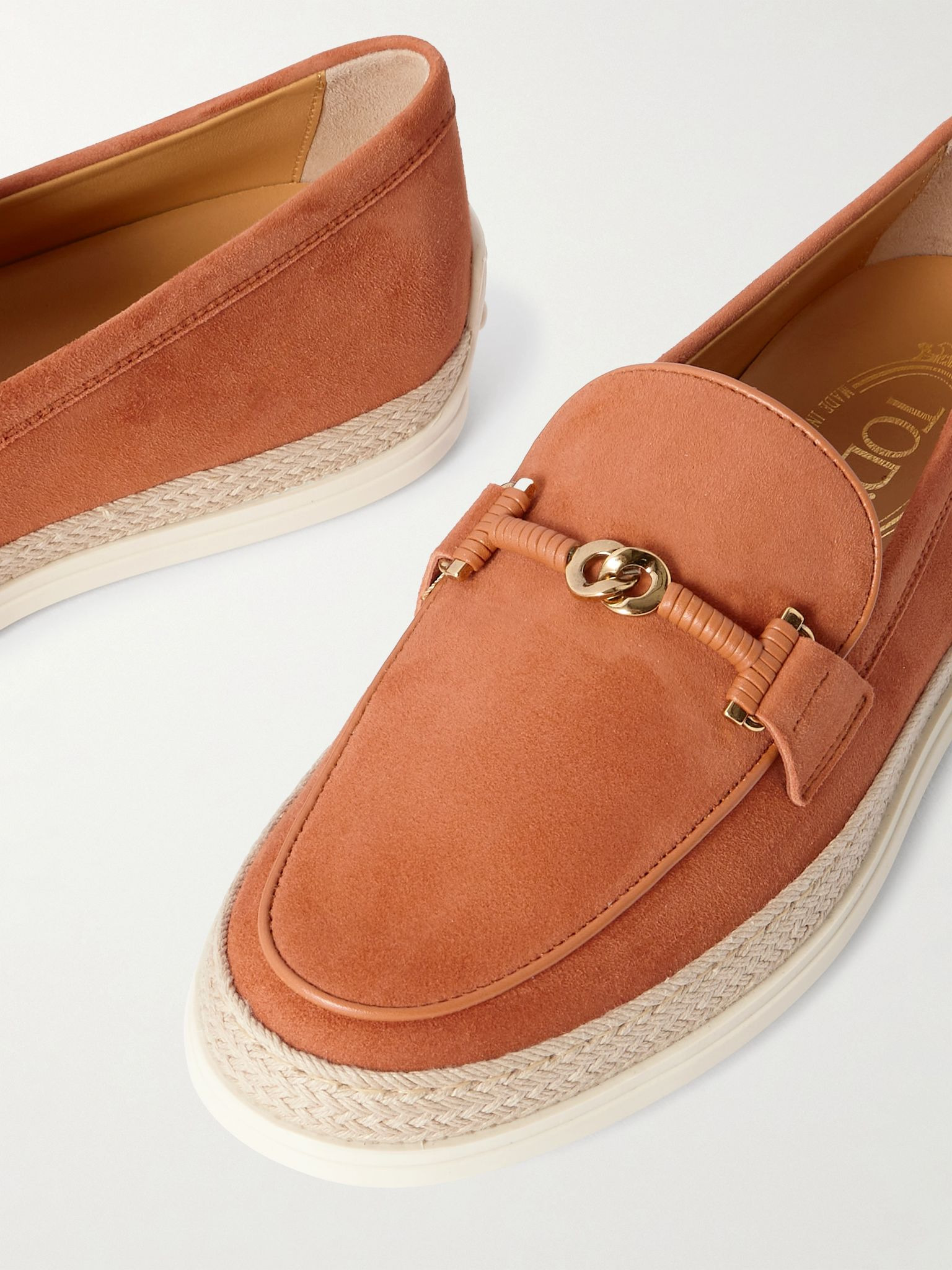 Gomma embellished leather and raffia-trimmed suede loafers Crimson - 4