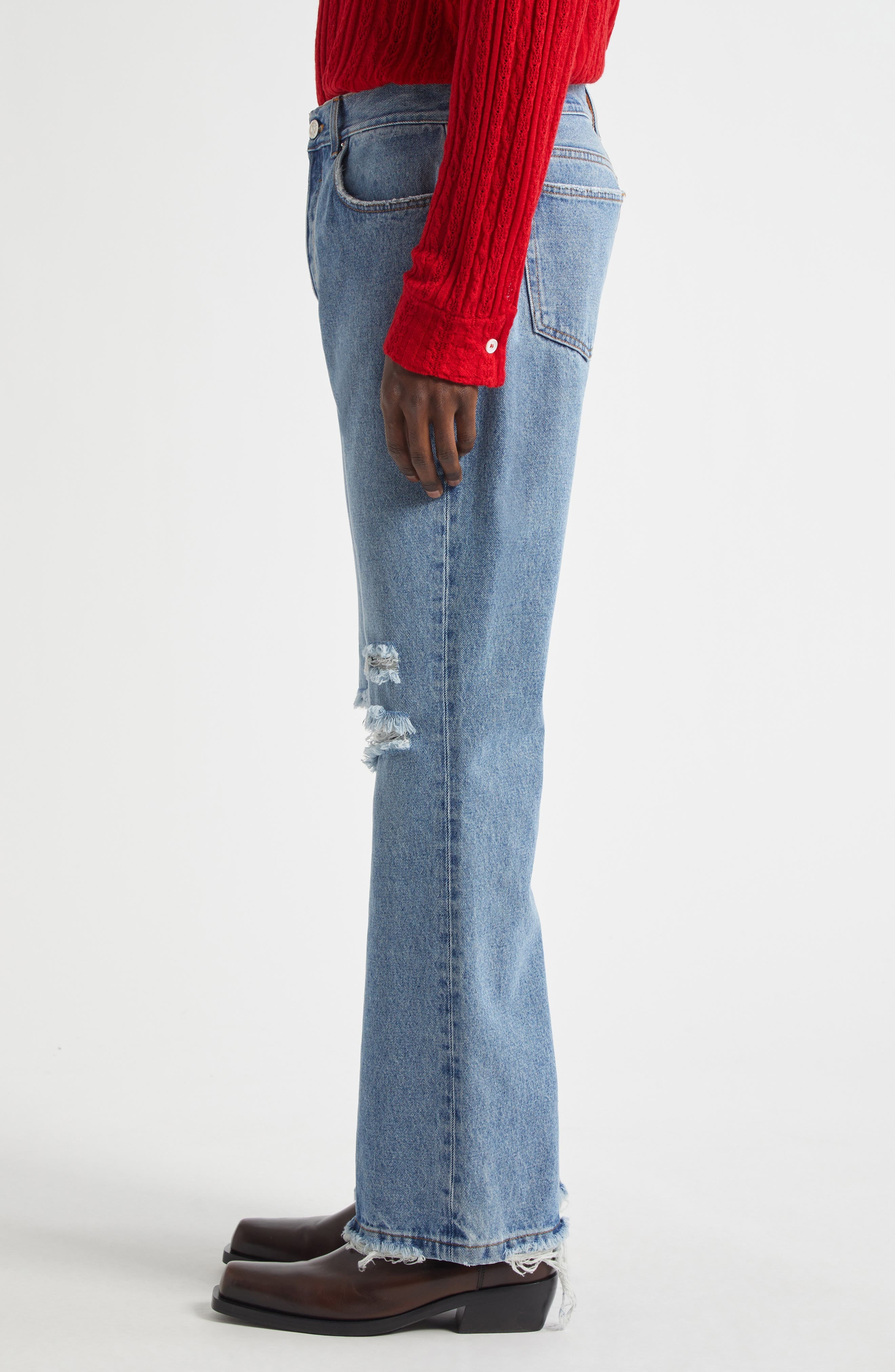 Séfr Rider Ripped Bootcut Jeans in Trashed Mid Blue at Nordstrom - 4