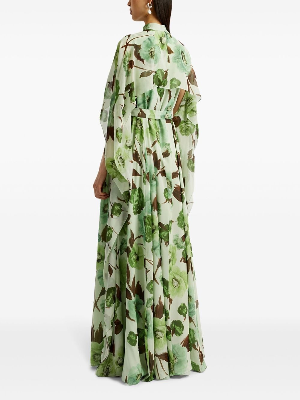 floral-print cape-design silk dress - 4