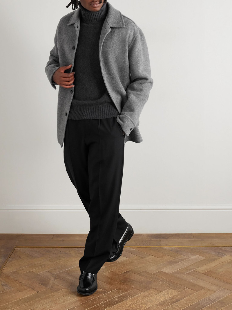 AMI Paris Logo-Embroidered Cashmere and Wool-Blend Rollneck Sweater Charcoal outlook