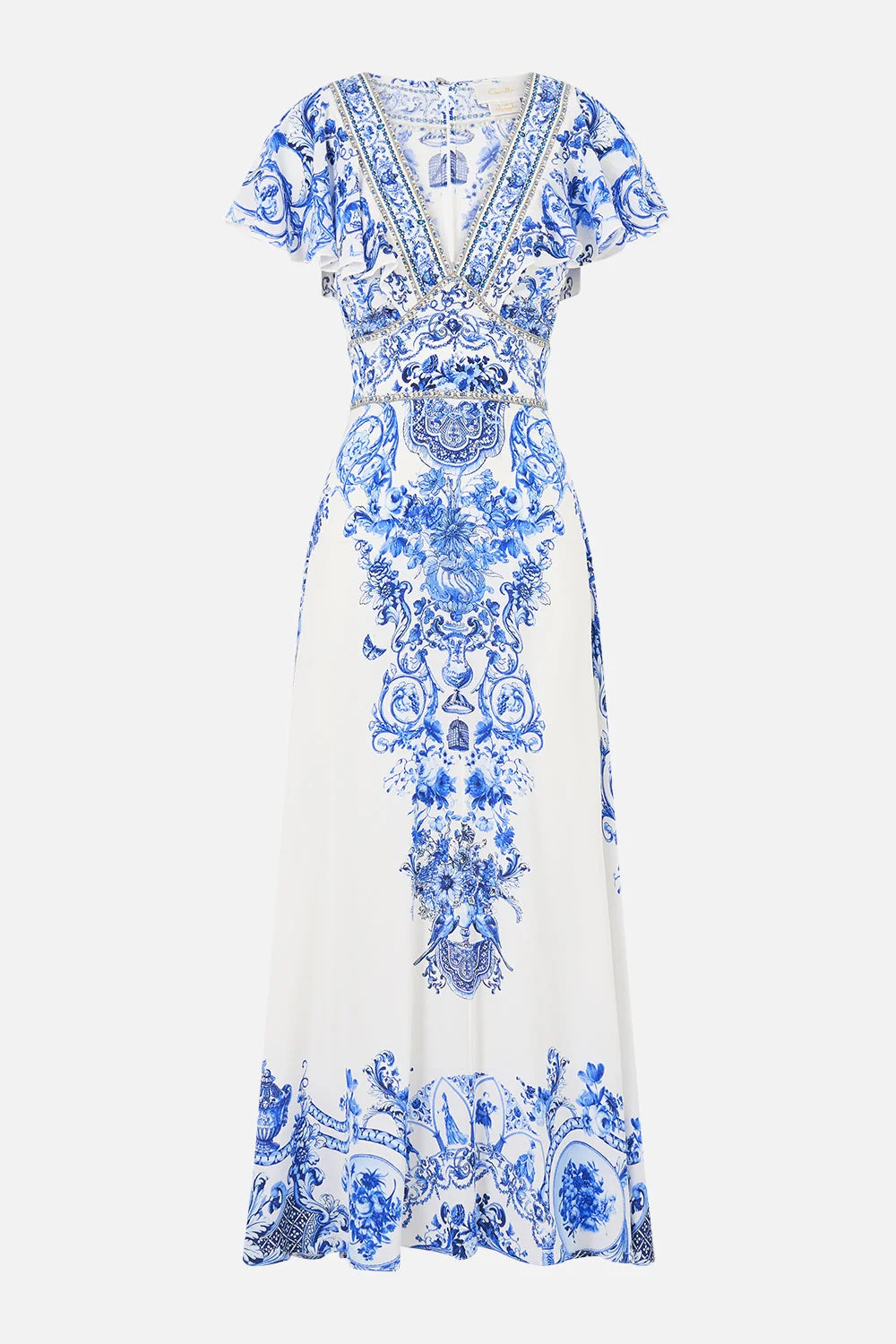 WAISTED MIDI DRESS WITH FLUTTER SLEEVE CERAMIC PANORAMIC - 1