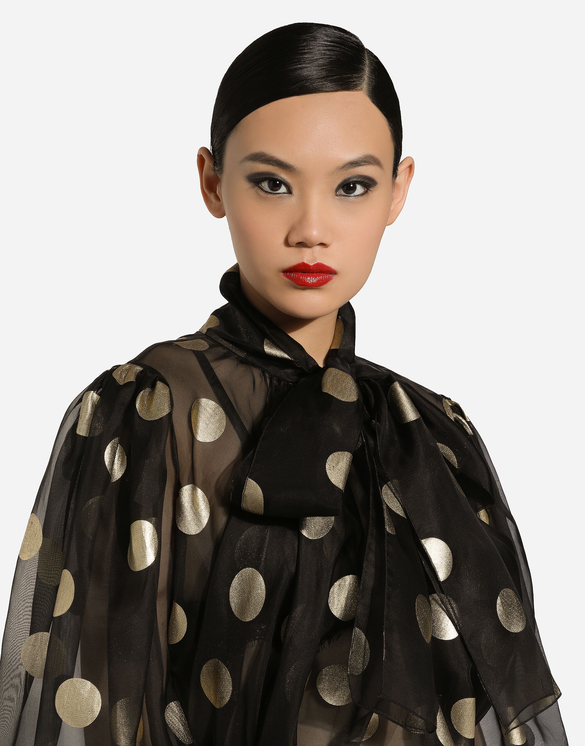 Silk organza jacquard blouse with polka-dot design and pussy-bow - 6