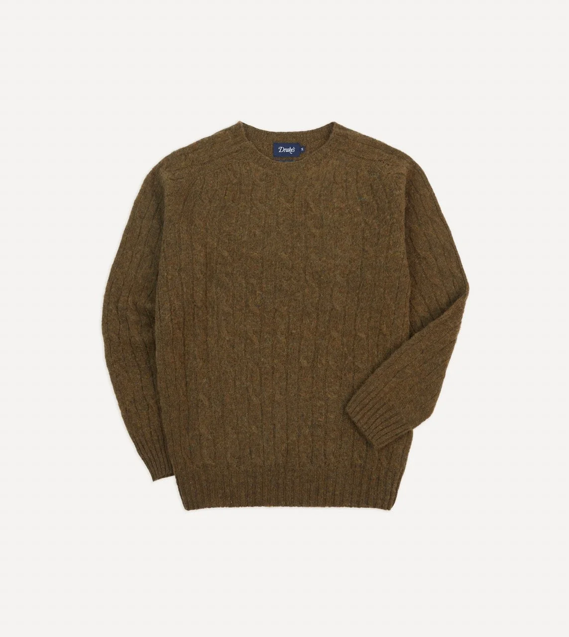 Olive Brushed Cable Knit Shetland Crew Neck Jumper - 1