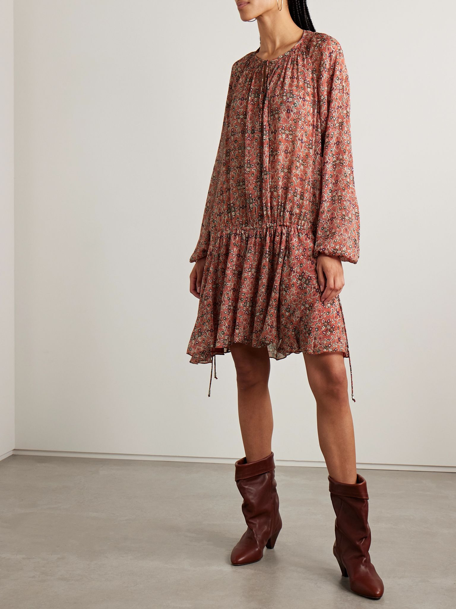 Bess gathered printed georgette mini dress Red - 5