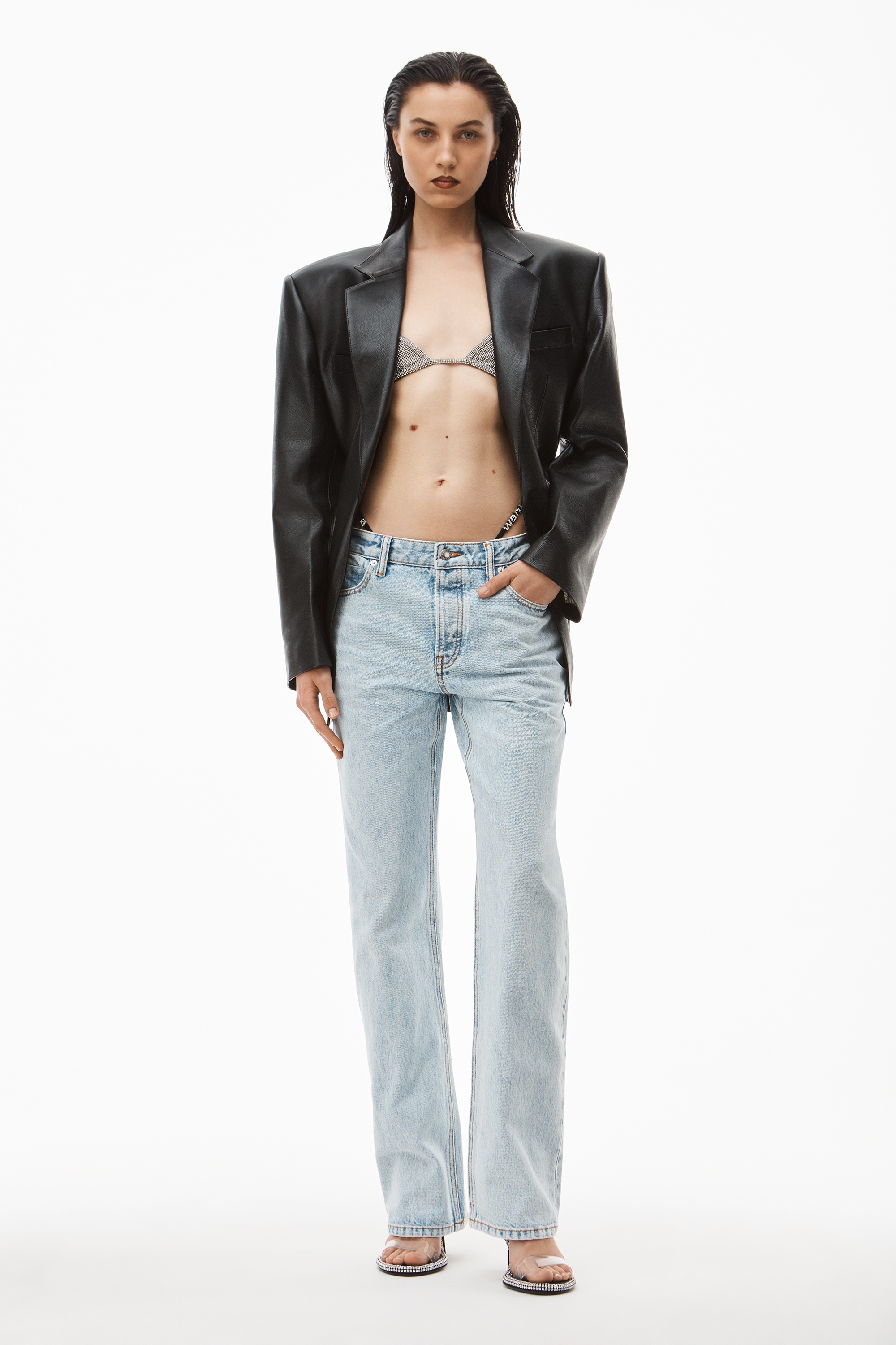 DIAMANTE LOGO STRAP LAYER JEAN IN DENIM - 2