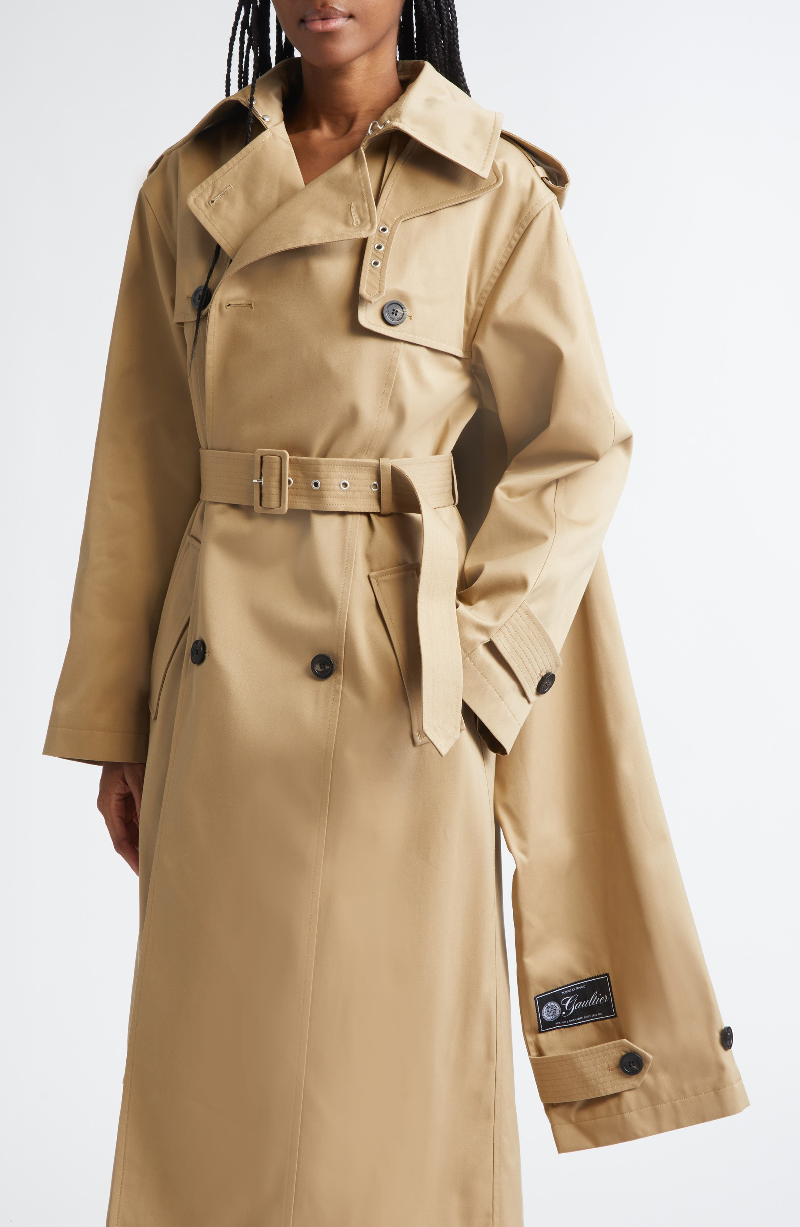 Jean Paul Gaultier Water Repellent Gabardine Hooded Trench in Beige at Nordstrom - 5