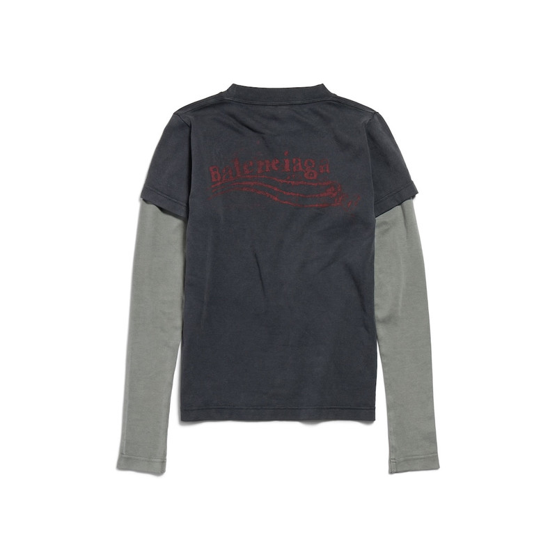 Women's Washed Crayon Political Double Sleeve T-shirt in Black Faded 6