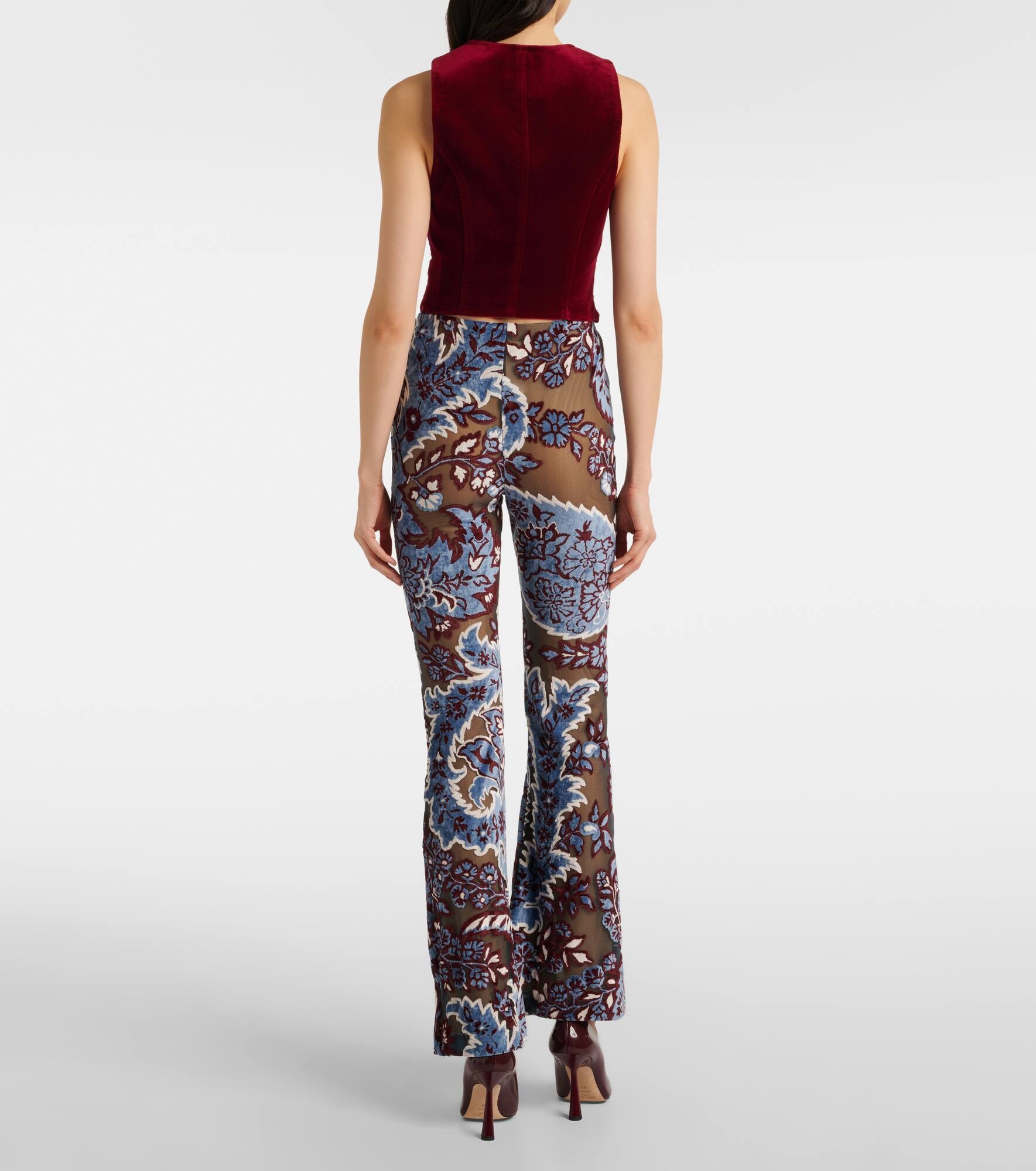 Floral velvet jacquard flared pants - 3