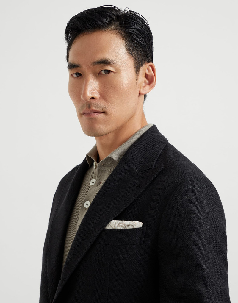 Linen, silk, wool and cotton textured stripe diagonal deconstructed blazer with large peak lapels an 3