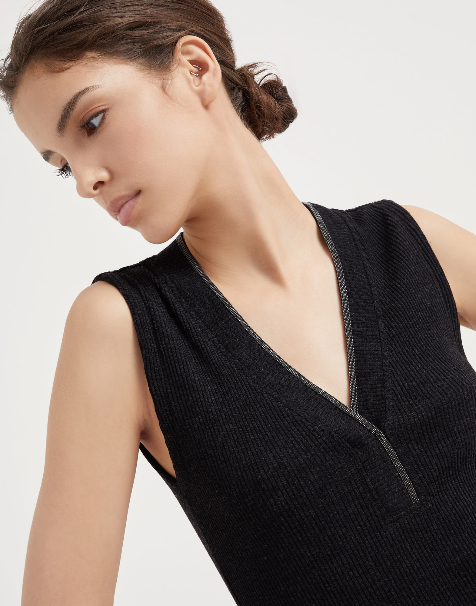 Ribbed wool jersey top with shiny neckline - 3