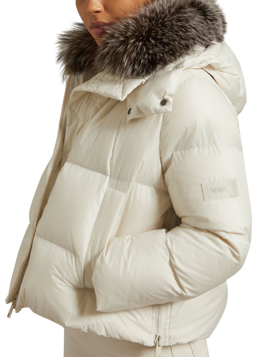 Short A-line puffer jacket made from a water-resistant performance fabric with a fox fur collar - 6