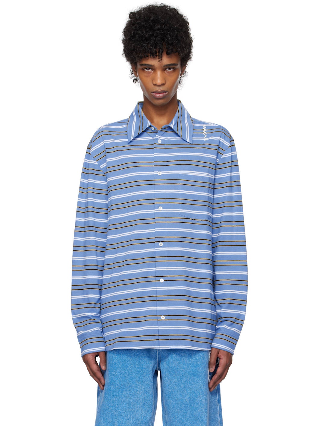 Blue & White Long Sleeved Striped Polo - 1