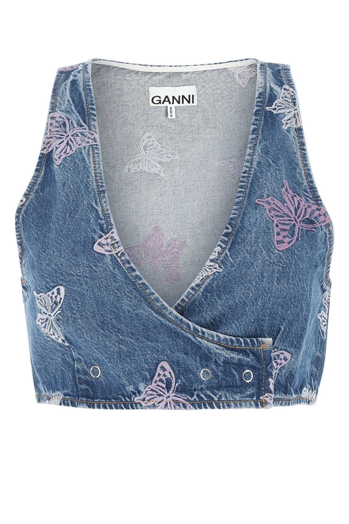 Ganni Women Embroidered Denim Vest - 1