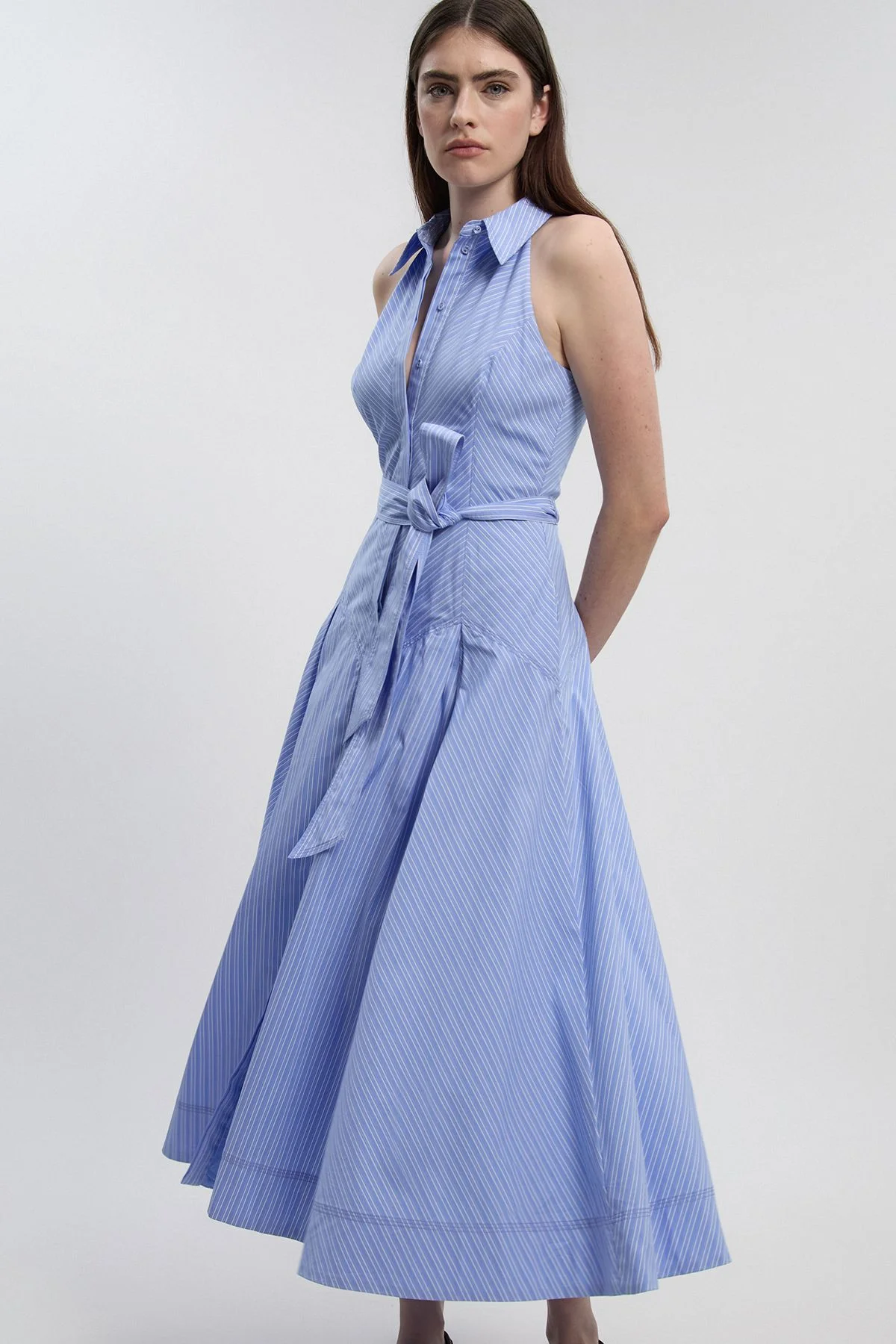 Petite Cotton Collared Stripe Halter Neck Woven Midi Shirt Dress With Dropped Waist Detail - 1