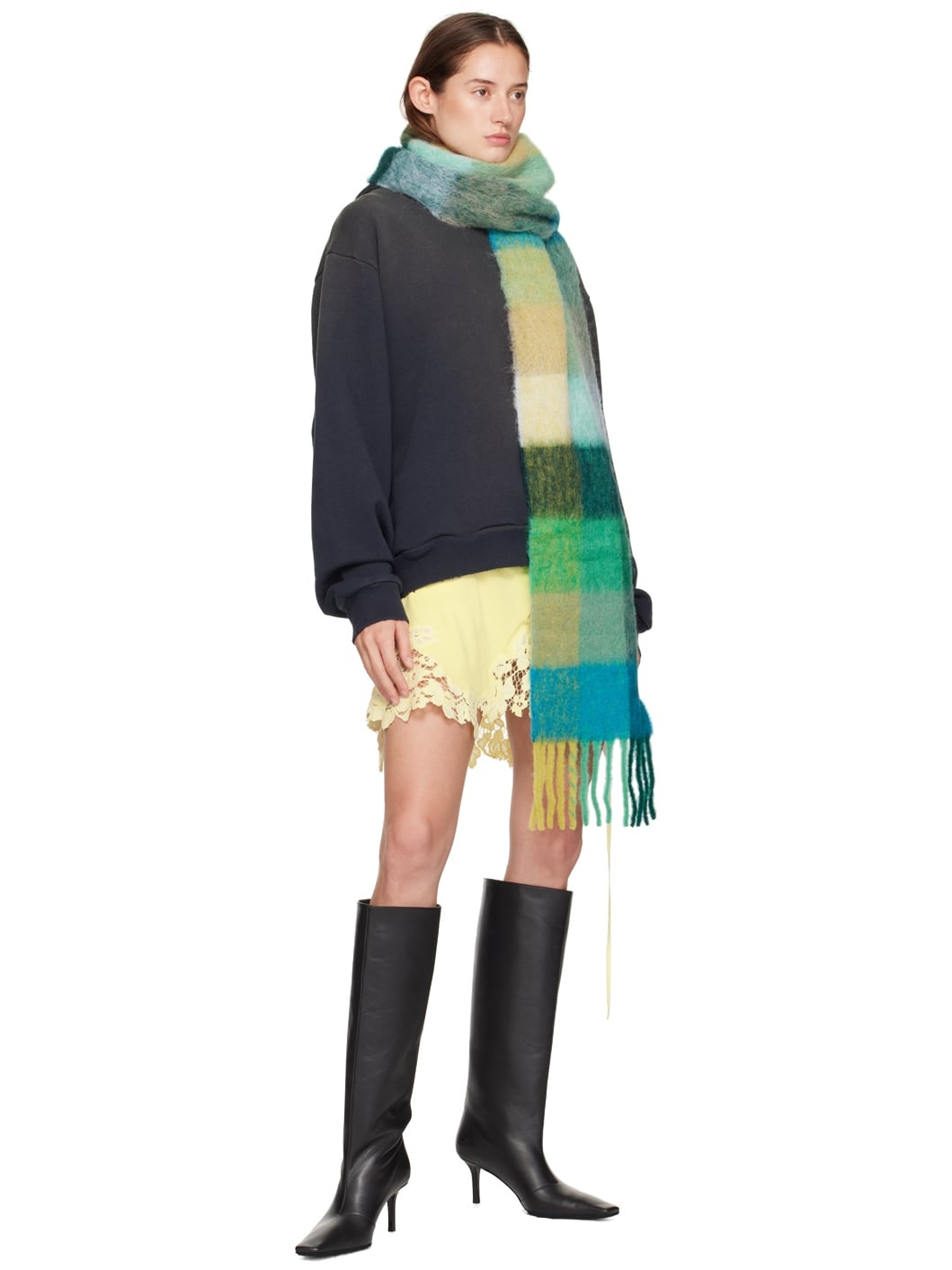 Green & Blue Mohair Checked Scarf - 3