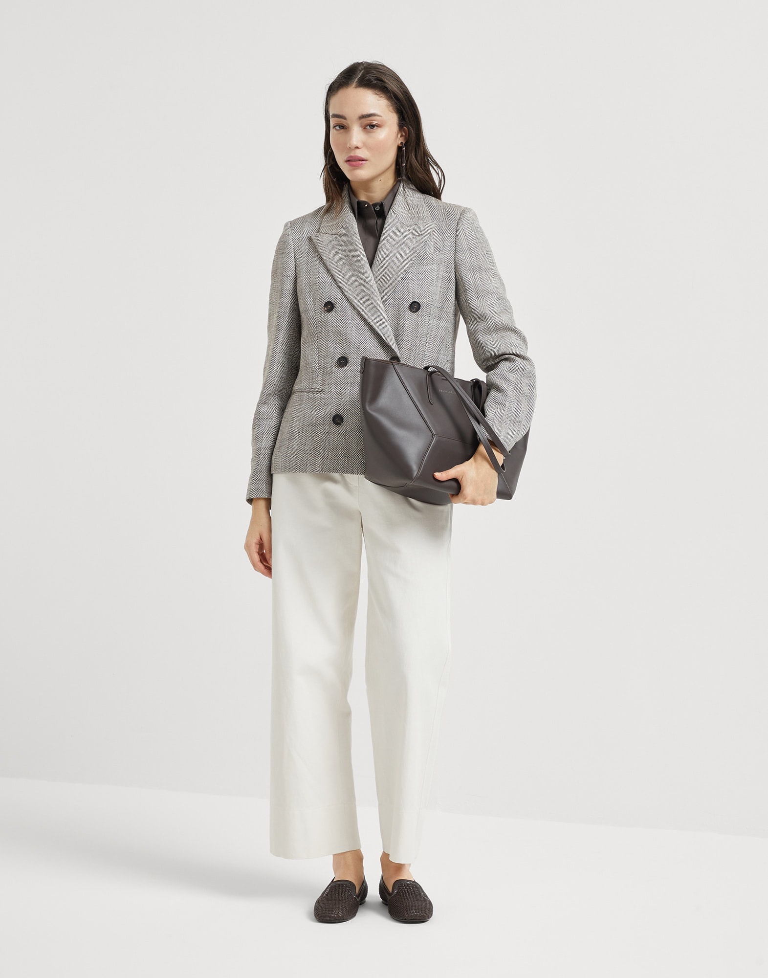 Silk, linen and cotton chevron blazer with monili - 5