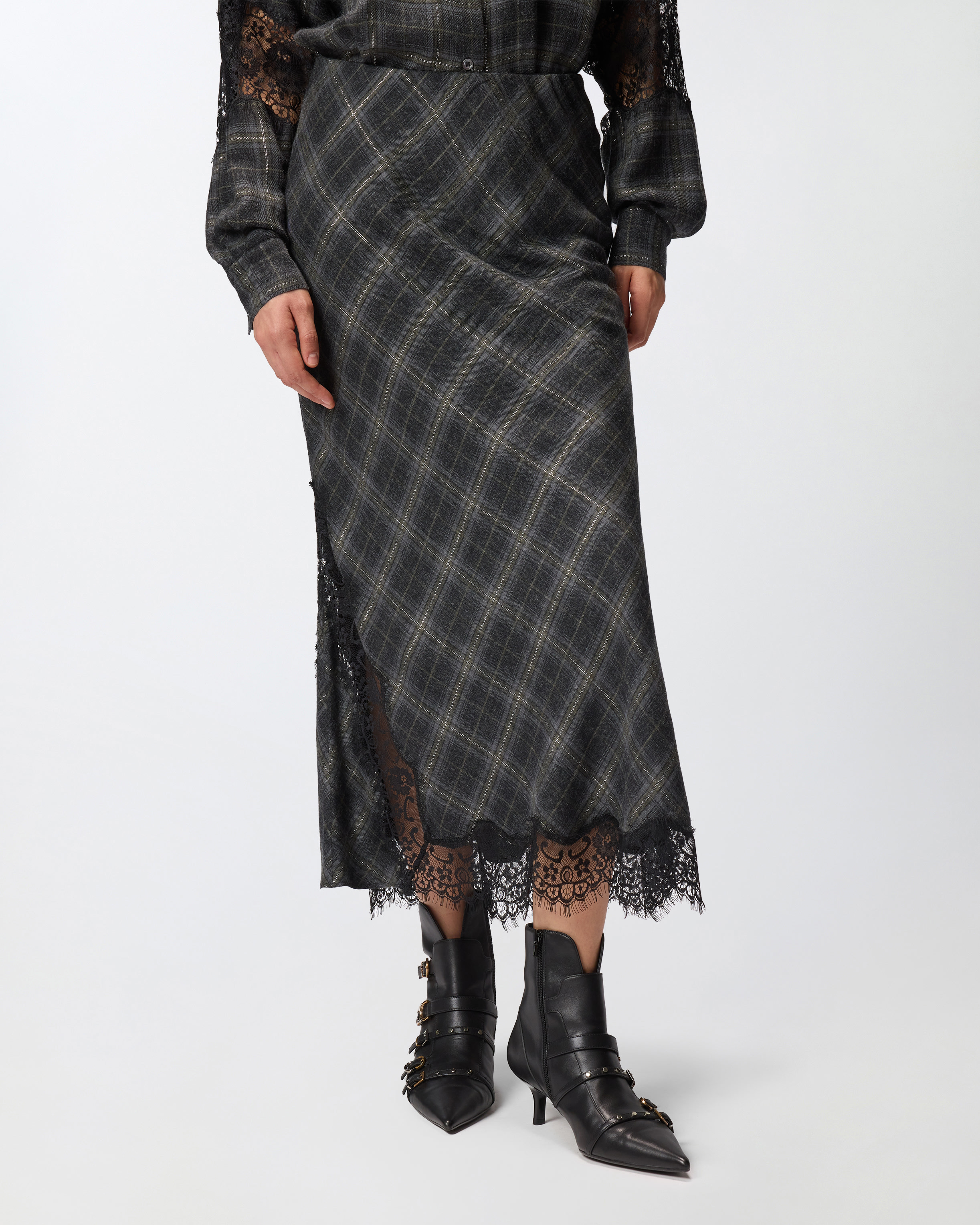 LONG CHECK SKIRT WITH LACE - 3