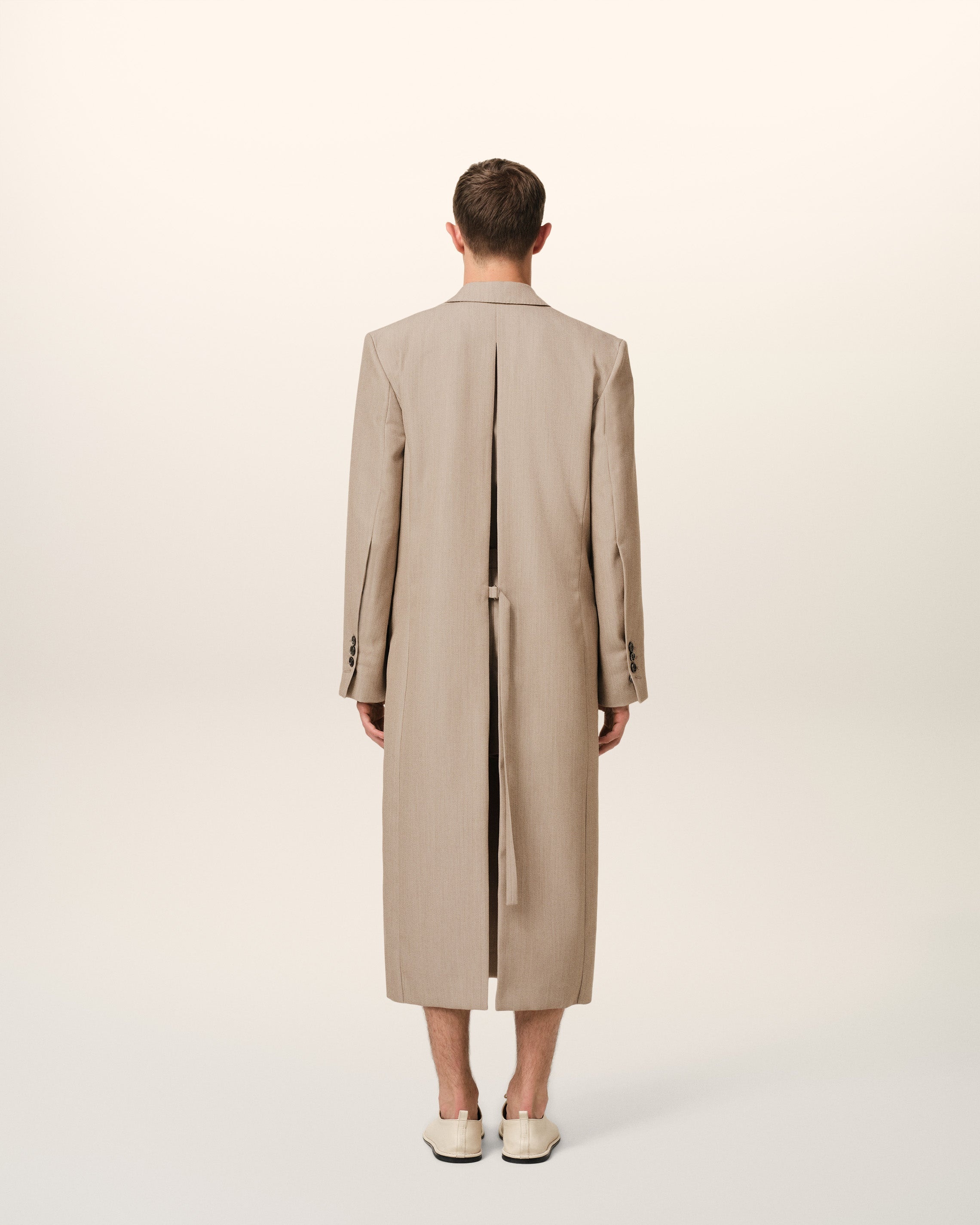 BEIGE WOOL BACK SLIT LONG COAT - 5