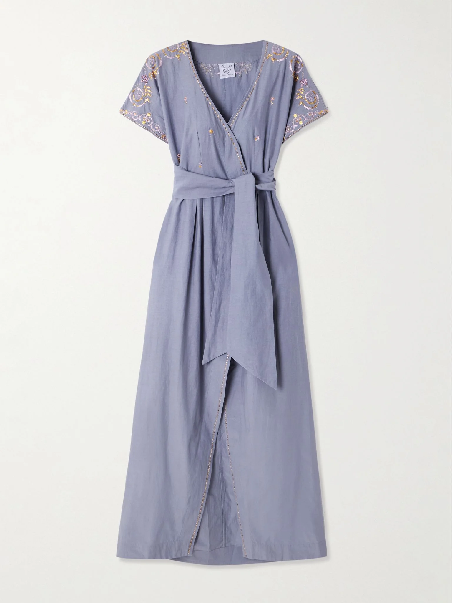 Embellished embroidered cotton and silk-blend maxi wrap dress Blue - 1