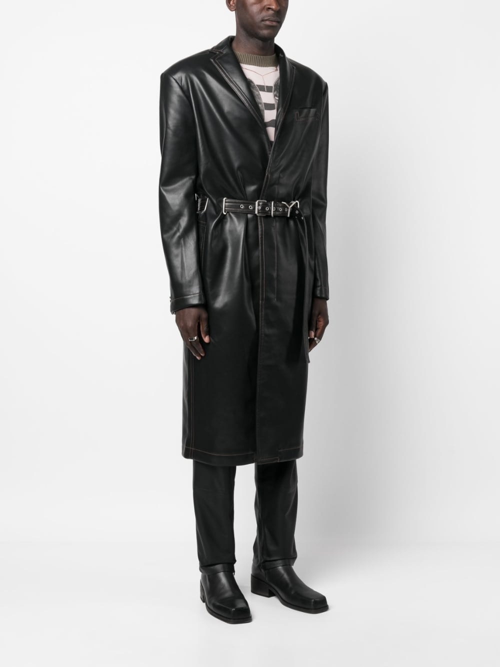 belted faux-leather coat - 3
