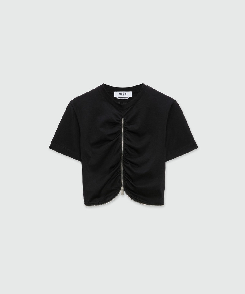 Black cropped jersey T-shirt with zip 1