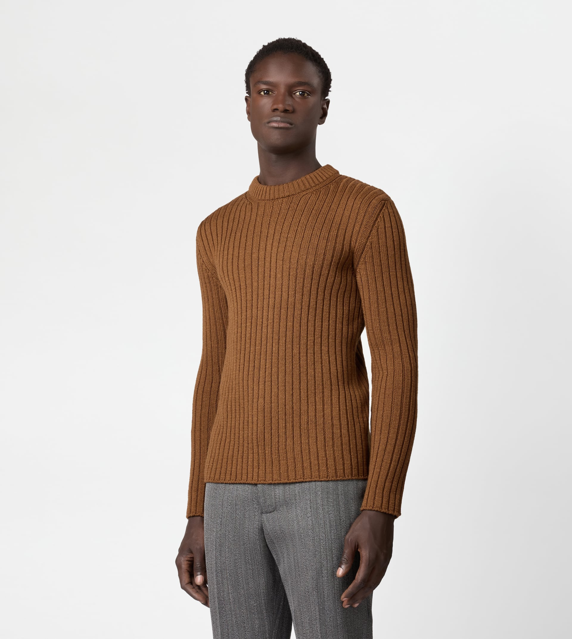 ROUND-NECK PULLOVER IN MERINO WOOL - BROWN - 3