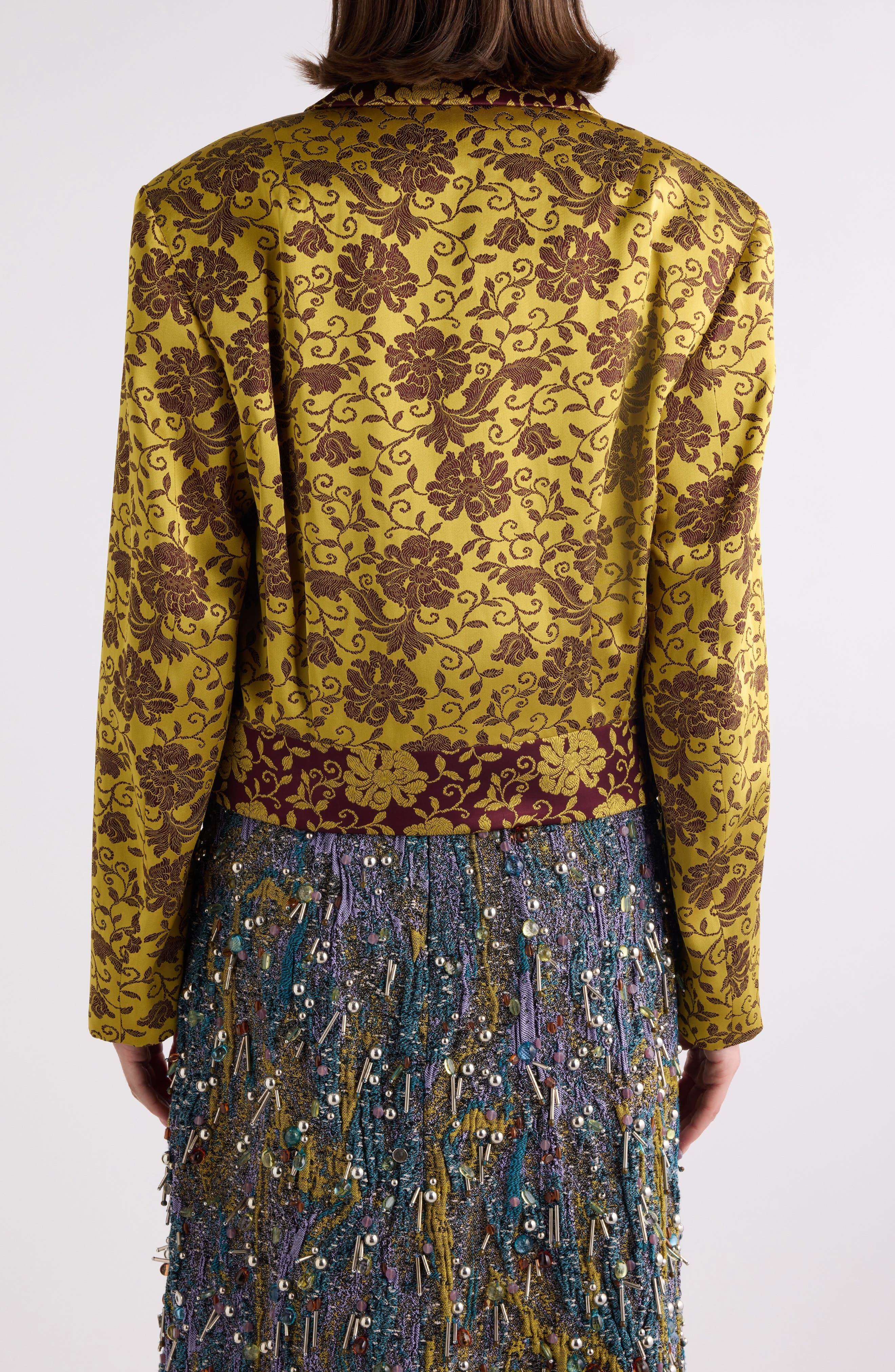 Dries Van Noten Floral Jacquard Crop Satin Jacket in Ocra at Nordstrom - 3