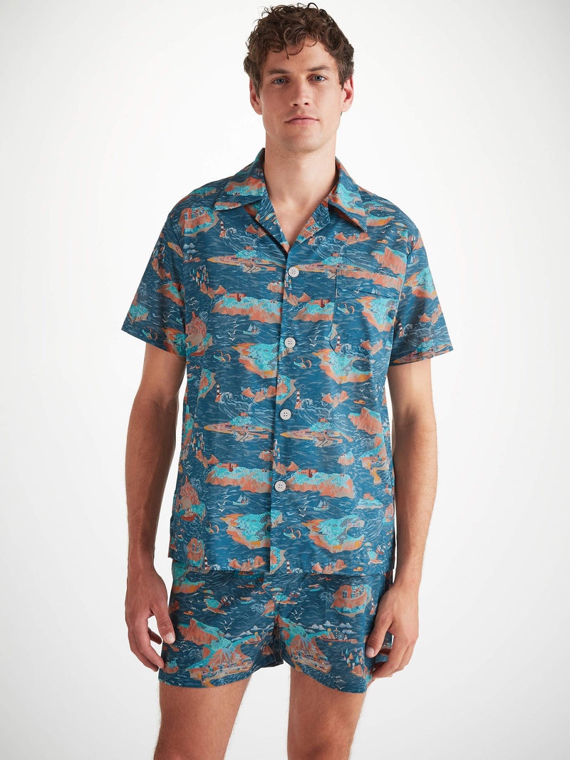 Men's Short Pajamas Cotton Batiste Multi Fisherman's Scenic Print - 6
