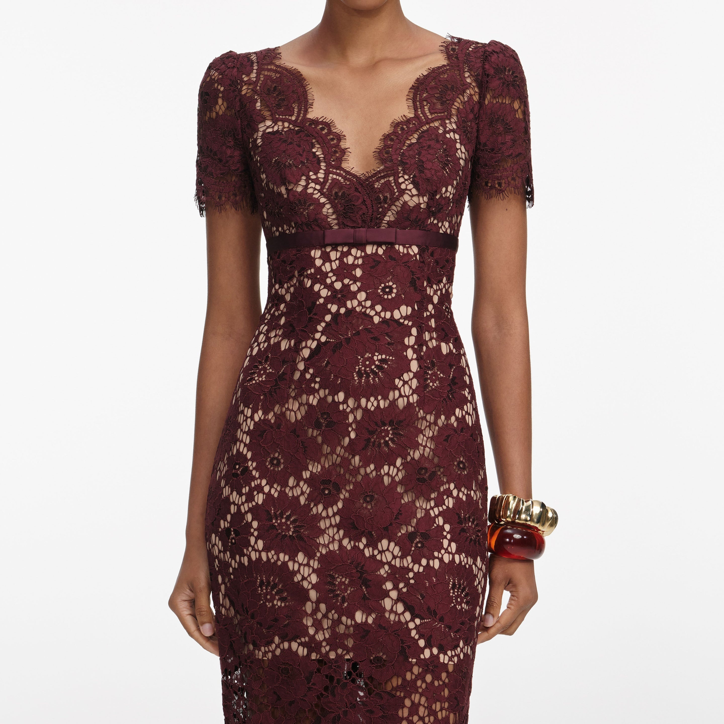 Burgundy Floral Lace Midi Dress - 4