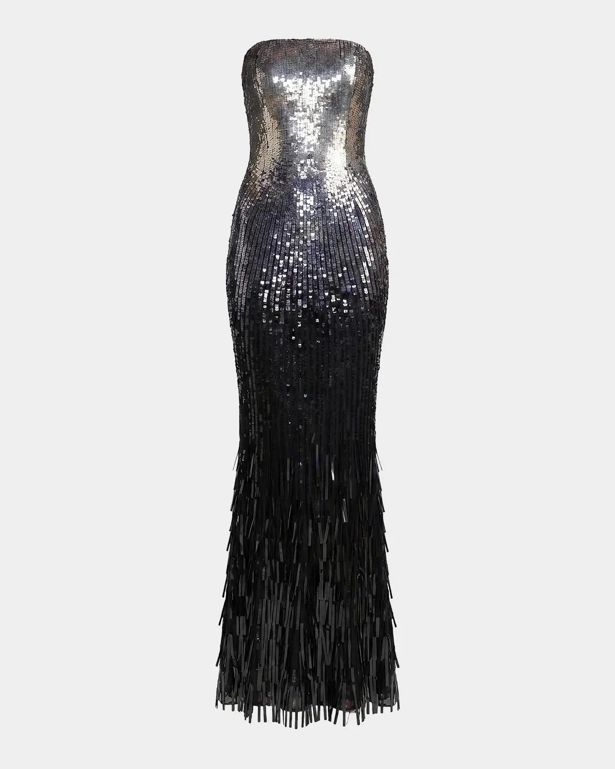 Embellished Mesh Strapless Fringe Gown - 1
