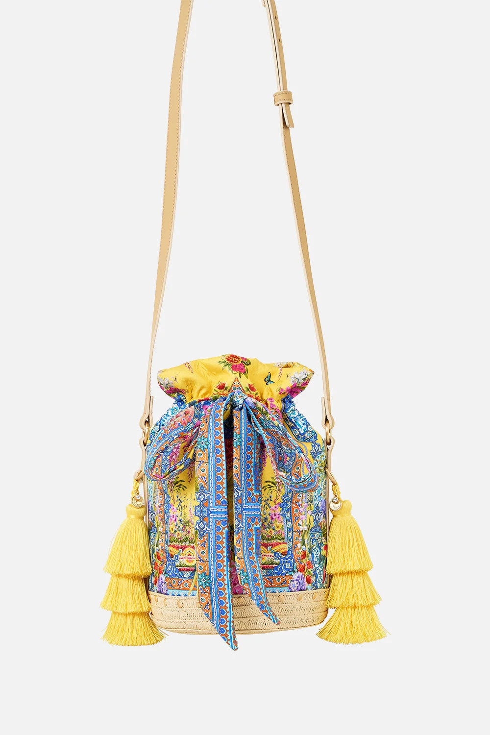 TIE TOP BUCKET BAG WITH TASSELS - 1