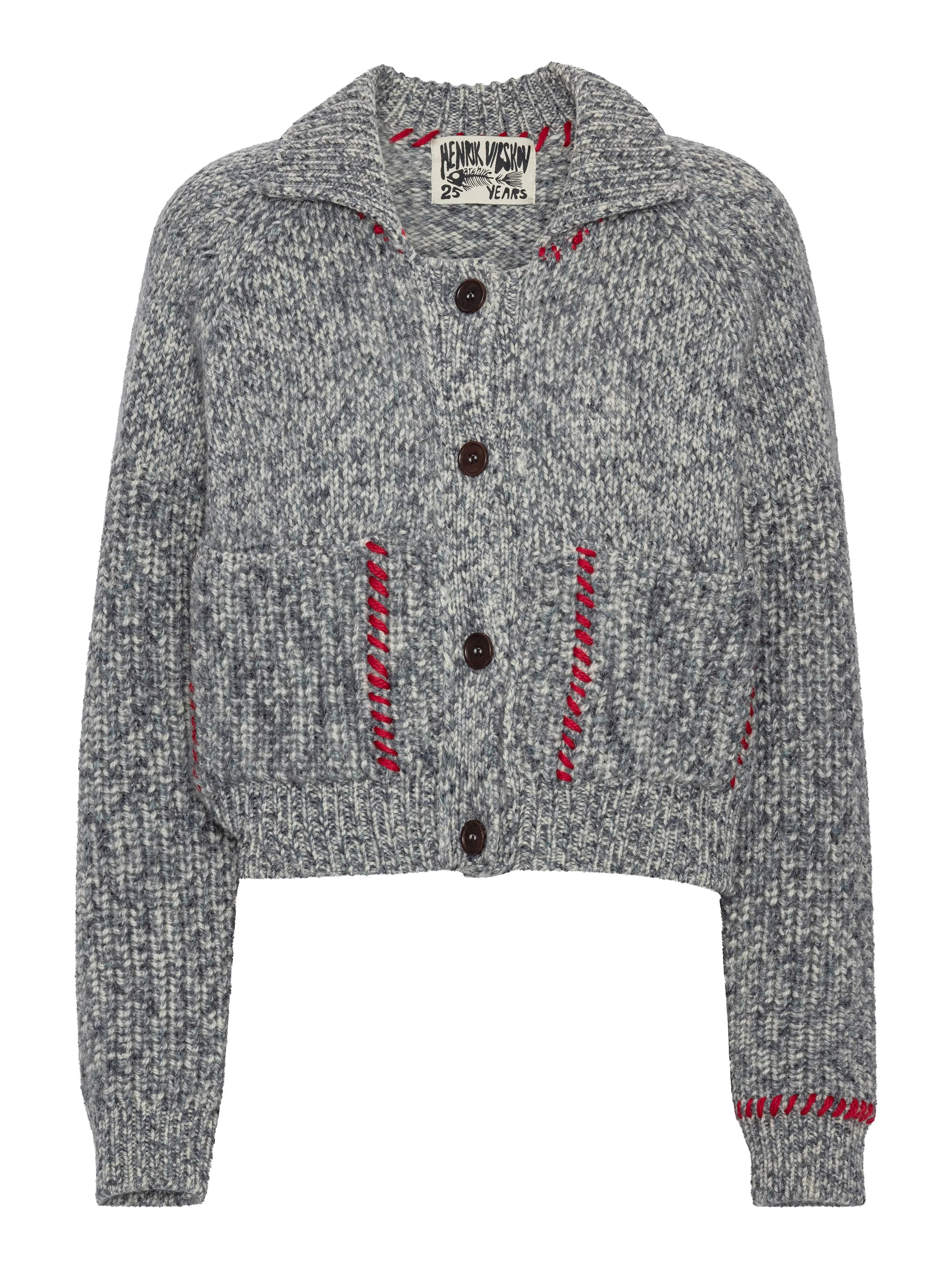 STITCH CARDIGAN - RED STITCH GREY MELANGE - 1