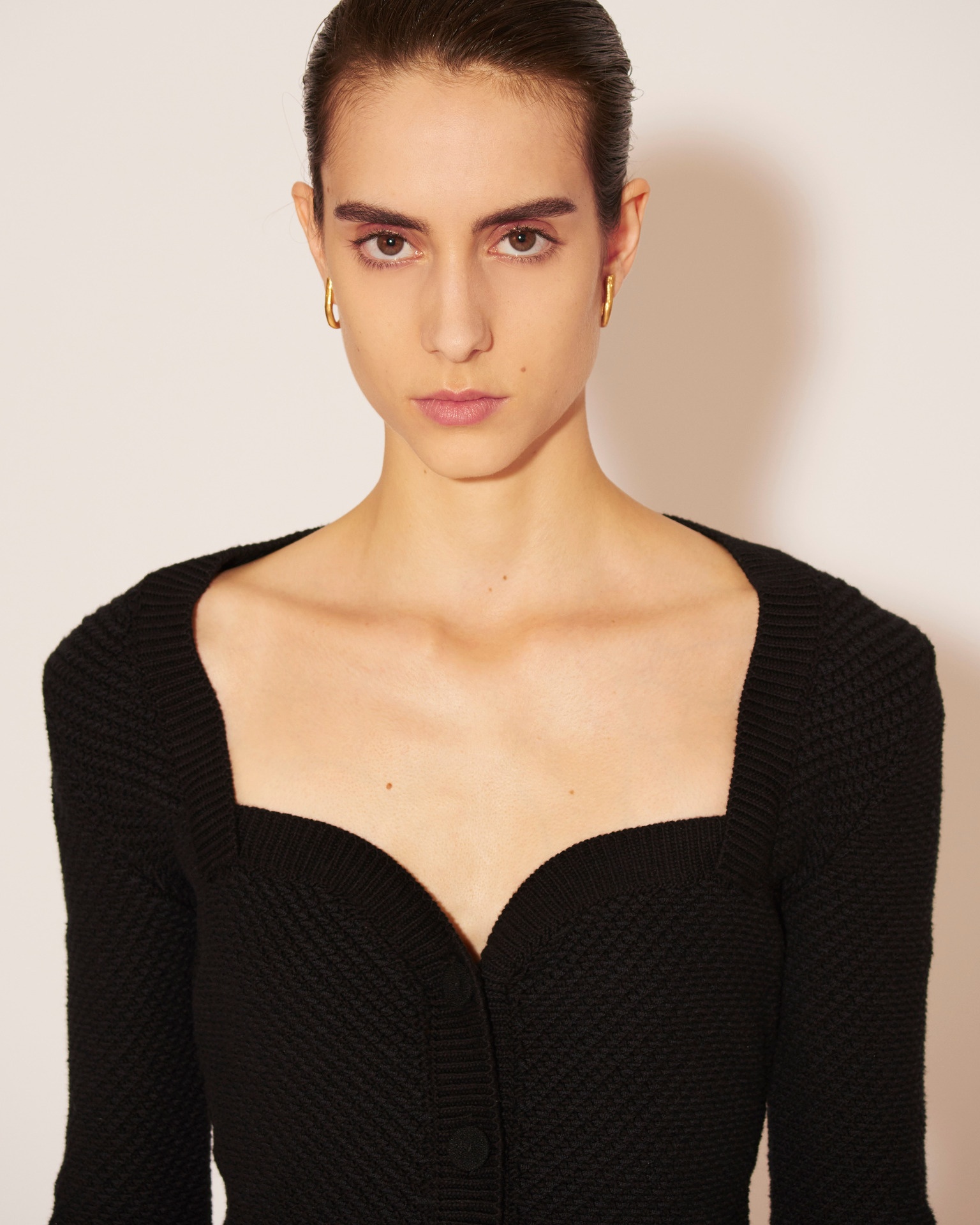 KAYA - Cotton-tweed textured sweetheart neck jacket - Black - 6