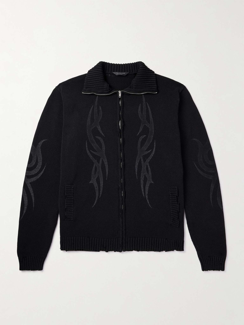 Oversized Distressed Printed Knitted Zip-Up Cardigan - 1