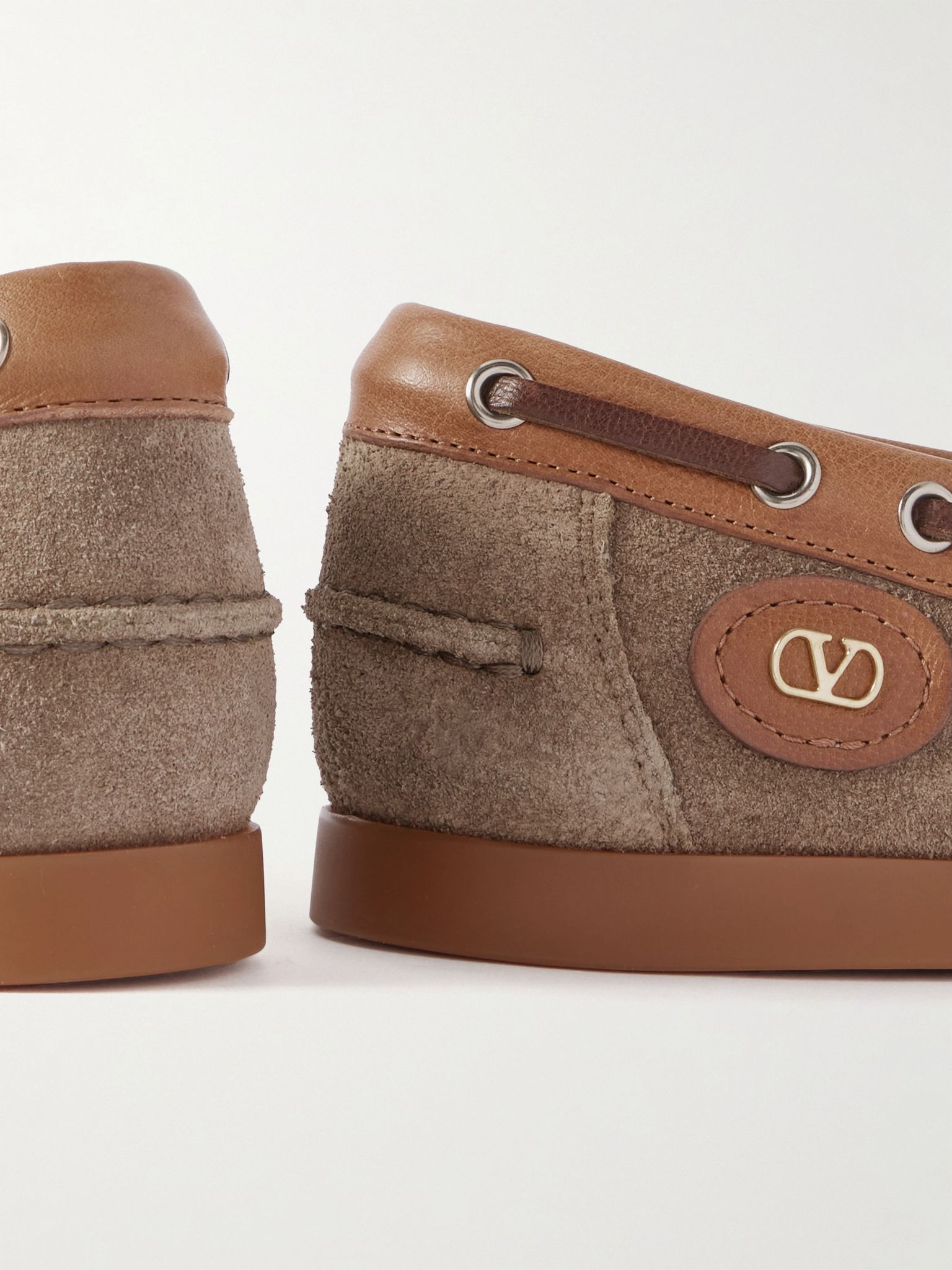 Logo-Embellished Leather-Trimmed Suede Boat Shoes Brown - 5