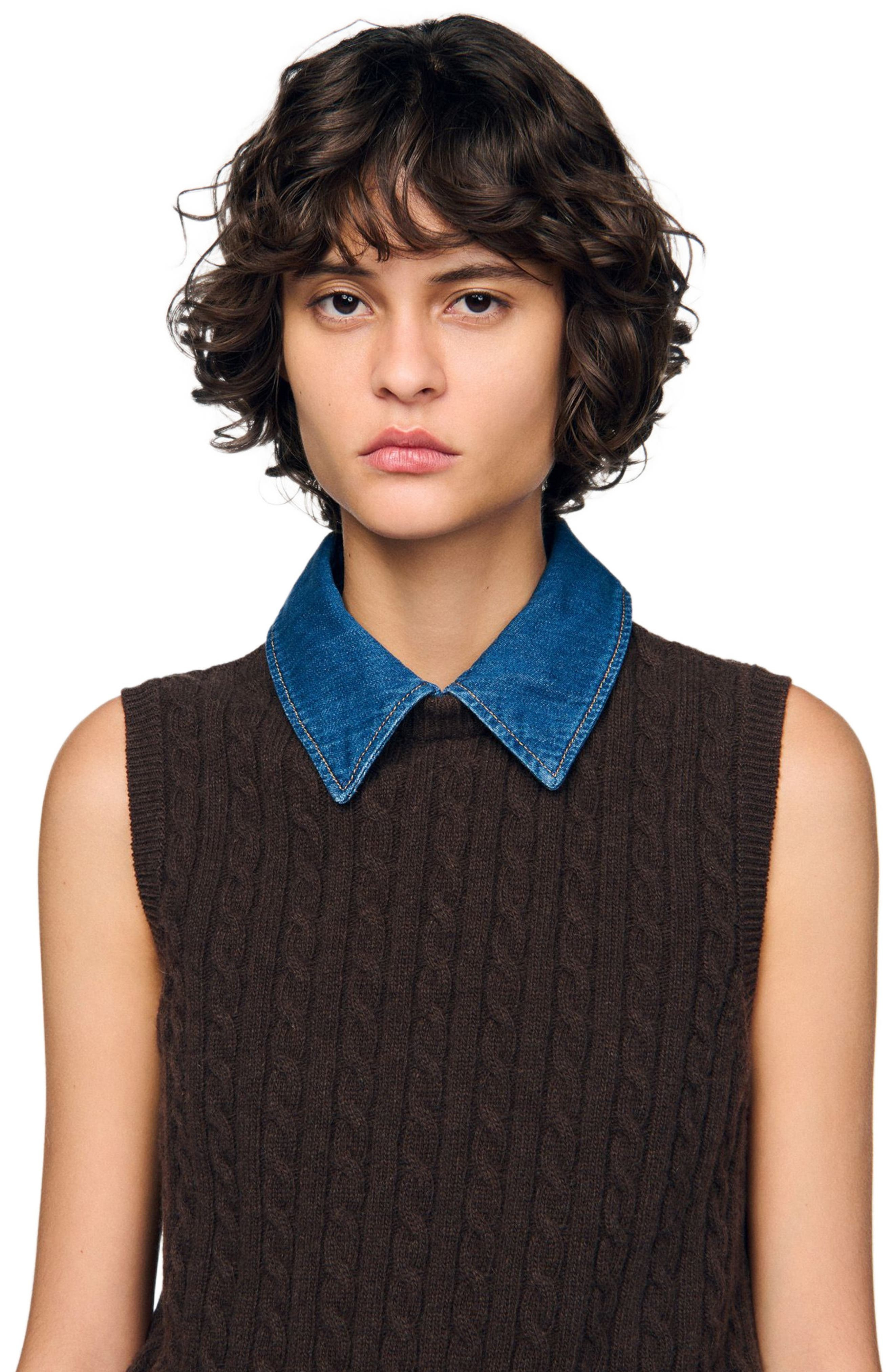 SANDRO Knit and denim sweater in Brown at Nordstrom - 4
