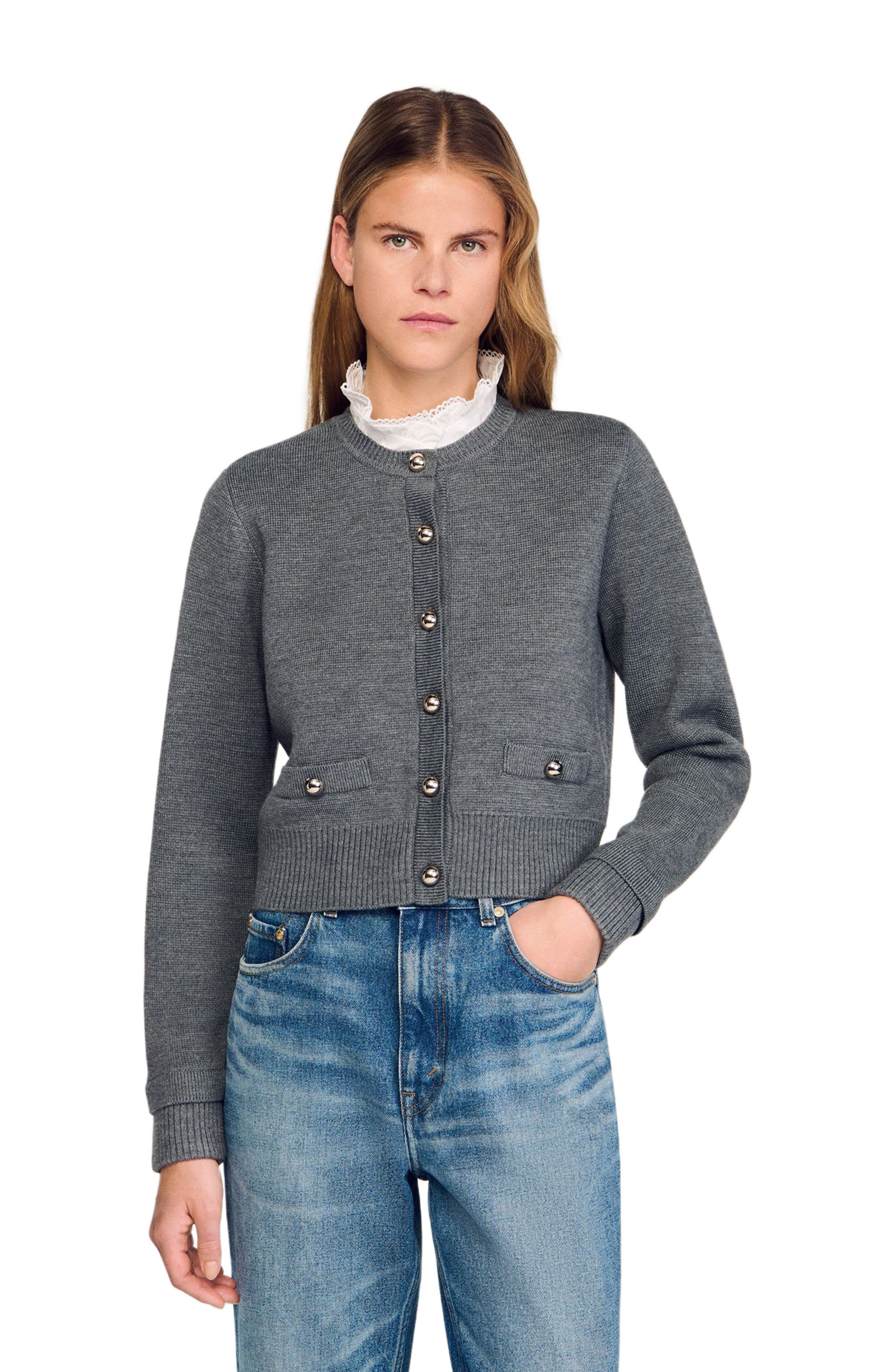 SANDRO Cardigan with detachable ruffle collar in Grey at Nordstrom - 4