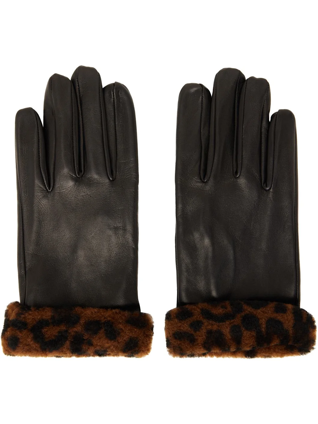 Black Faux-Fur Trimming Leather Gloves - 1