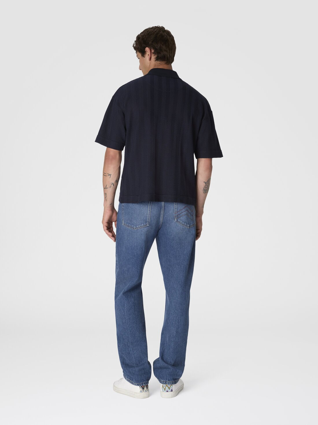 Cotton and viscose polo shirt with tone-on-tone zigzag - 3