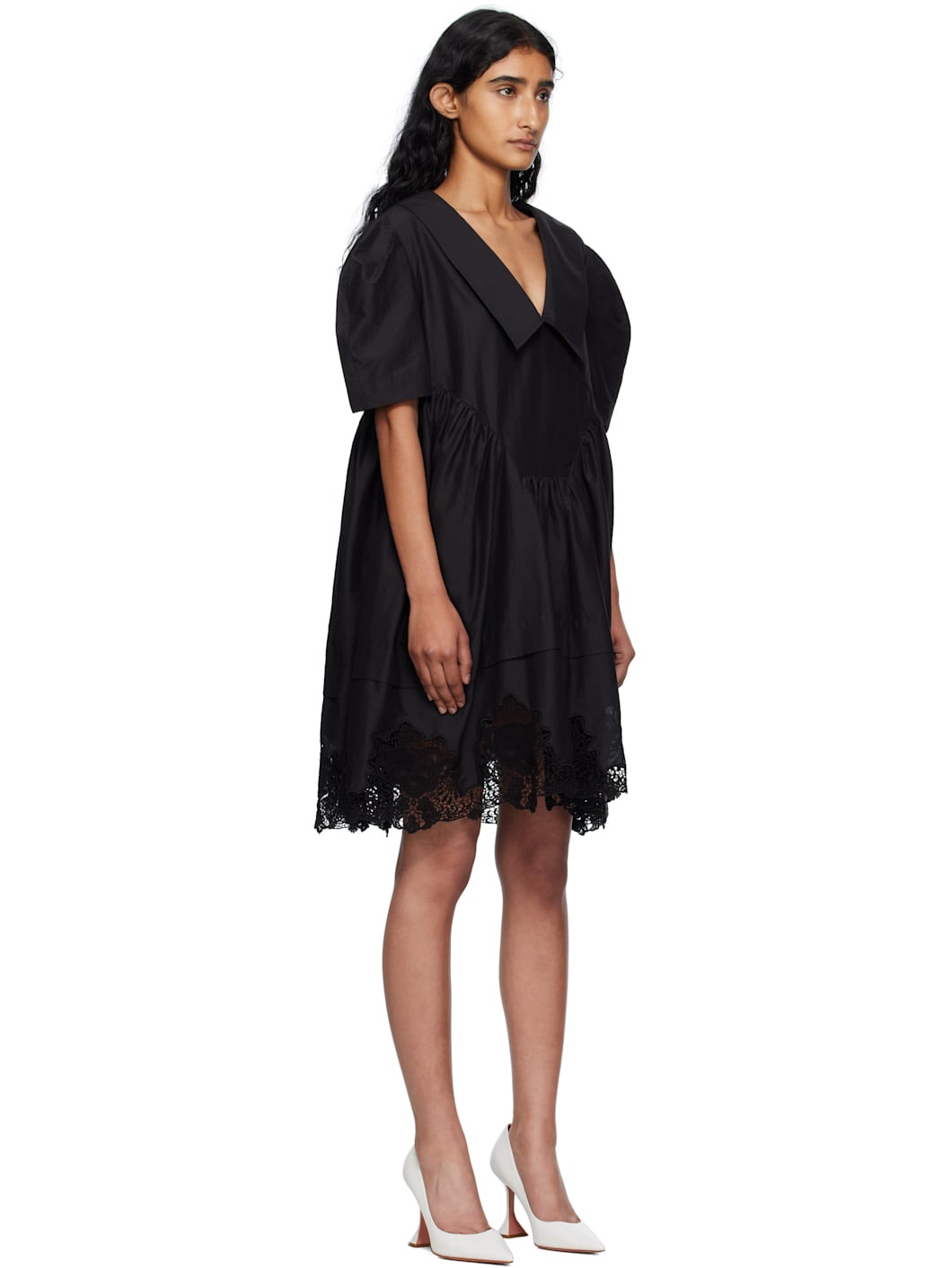 Black Lace Hem Puff Minidress - 2