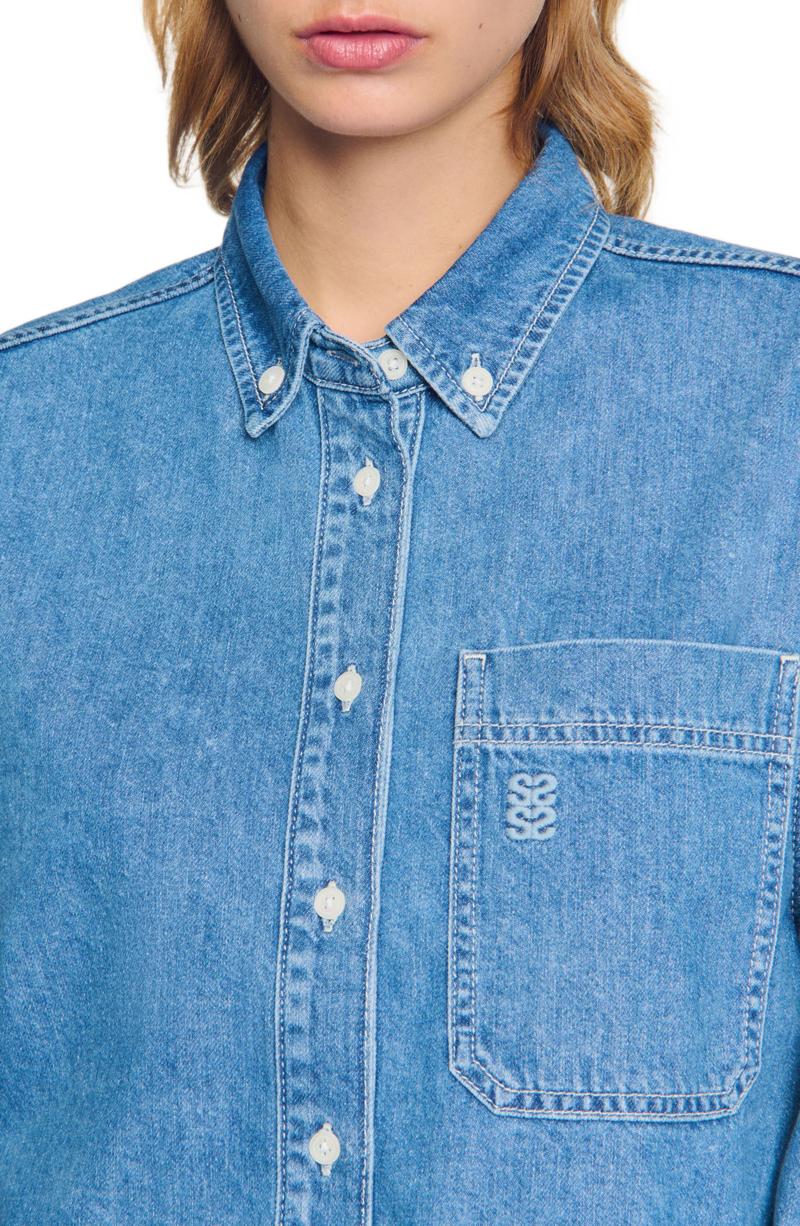 SANDRO Denim cropped shirt in Blue Jean at Nordstrom - 4